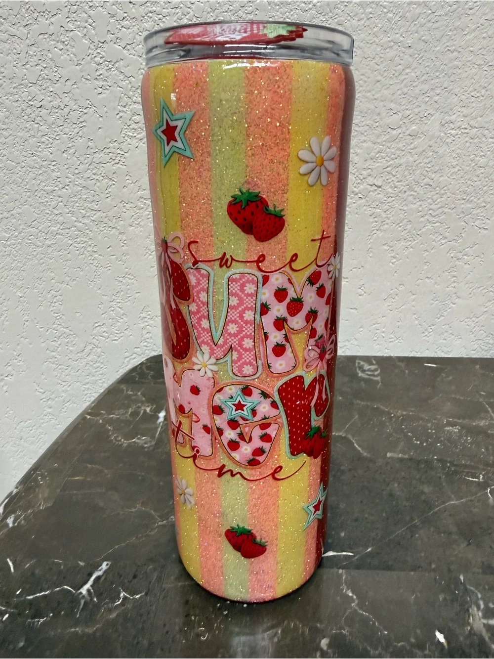 Summer Colorful Strawberry Stripes Glitter 30 oz Skinny Tumbler Cup Handmade